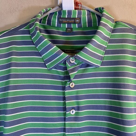 Peter Millar Golf Shirt Mens 2XL  Summer Comfort Seaside Wash Stripe Polo Green - Picture 1 of 12